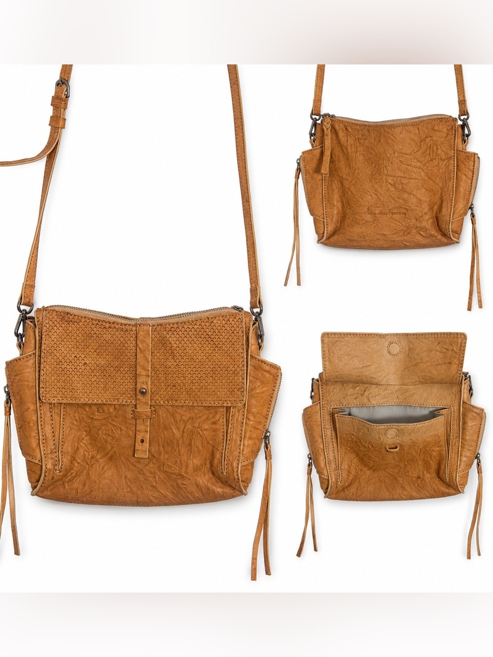 Monserat De Lucca Tan Crinkled Leather Crossbody Bag Boho Tassel Zips textured